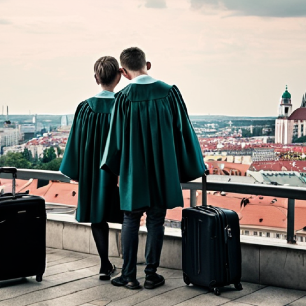**

"A poignant scene depicting young, bright graduates packing suitcases, their faces a mix of hope and resignation, with the backdrop showing a blurred cityscape representing both Bratislava and a generic Western European city like Berlin or Vienna. Emphasize the 'brain drain' concept, symbolizing the loss of Slovakia's talented youth. Soft, slightly desaturated colors to convey a sense of melancholy."

**