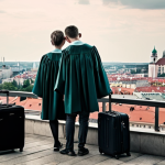 **

"A poignant scene depicting young, bright graduates packing suitcases, their faces a mix of hope and resignation, with the backdrop showing a blurred cityscape representing both Bratislava and a generic Western European city like Berlin or Vienna. Emphasize the 'brain drain' concept, symbolizing the loss of Slovakia's talented youth. Soft, slightly desaturated colors to convey a sense of melancholy."

**