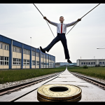 **Prompt:** "A Slovak tightrope walker balancing on a euro coin, representing the economy's precarious position. Background: Trnava car factory, emphasizing both pride and concern for the future. Incorporate elements of innovation and fragility."