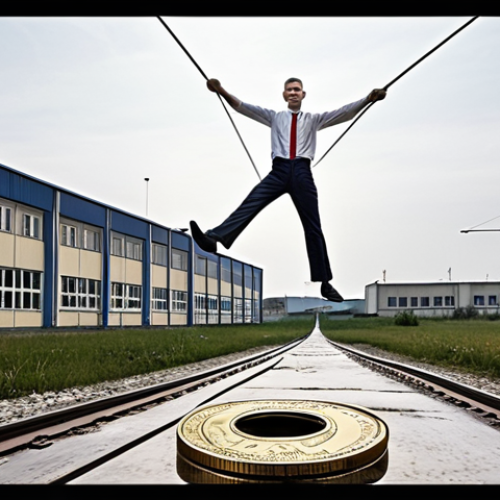 **Prompt:** "A Slovak tightrope walker balancing on a euro coin, representing the economy's precarious position. Background: Trnava car factory, emphasizing both pride and concern for the future. Incorporate elements of innovation and fragility."