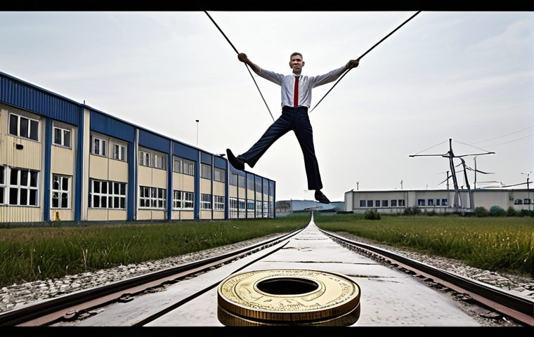 **Prompt:** "A Slovak tightrope walker balancing on a euro coin, representing the economy's precarious position. Background: Trnava car factory, emphasizing both pride and concern for the future. Incorporate elements of innovation and fragility."