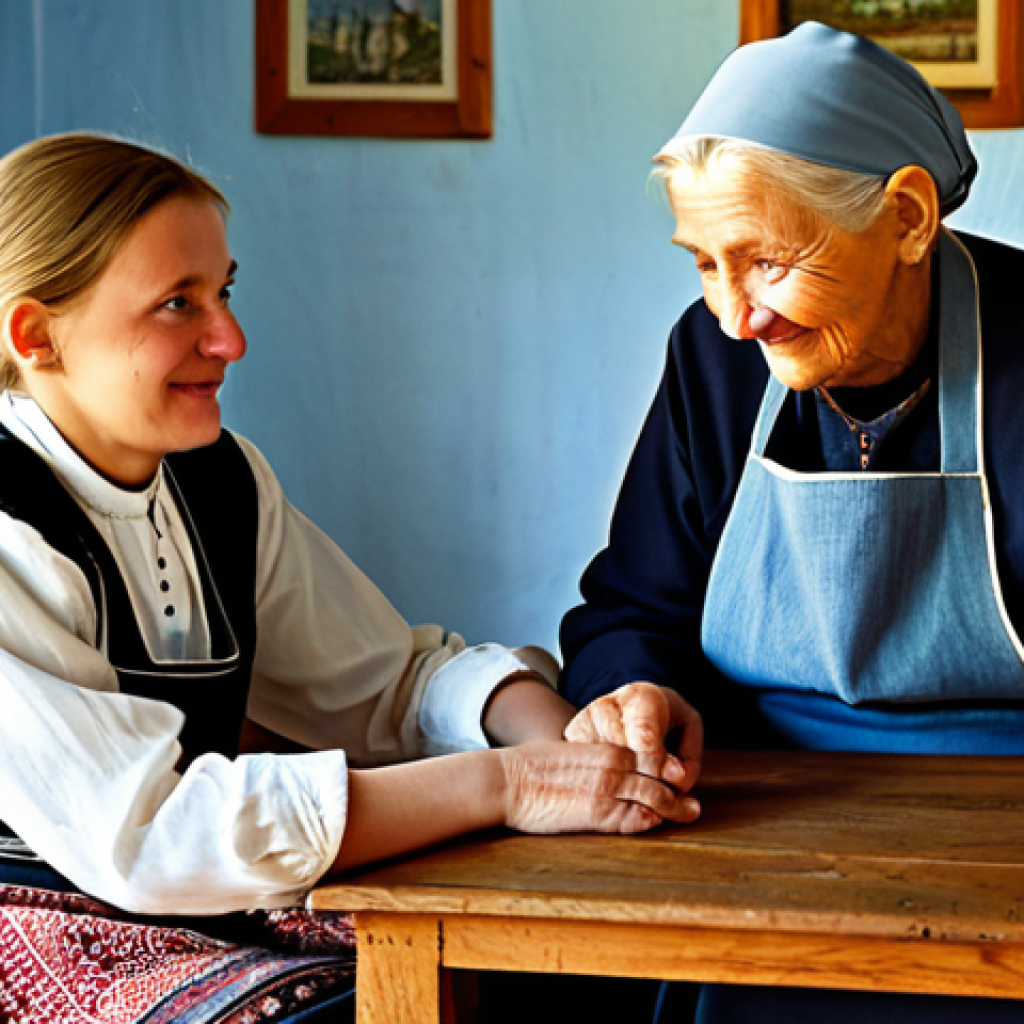 **Prompt:** An elderly Slovakian woman, with a warm and wise expression, sitting comfortably in a rustic, sunlit village home, engaged in a gentle conversation with a young adult. The woman wears a traditional, modest Slovakian folk blouse and an embroidered apron, fully clothed. The young adult is dressed in appropriate, modest contemporary attire. The background features authentic wooden furniture and traditional textiles, creating a cozy and inviting atmosphere. The scene captures the beauty of intergenerational oral tradition and cultural exchange. safe for work, appropriate content, fully clothed, professional, modest clothing, perfect anatomy, correct proportions, well-formed hands, proper finger count, natural body proportions, high-resolution, professional photography, soft ambient lighting.