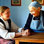 **Prompt:** An elderly Slovakian woman, with a warm and wise expression, sitting comfortably in a rustic, sunlit village home, engaged in a gentle conversation with a young adult. The woman wears a traditional, modest Slovakian folk blouse and an embroidered apron, fully clothed. The young adult is dressed in appropriate, modest contemporary attire. The background features authentic wooden furniture and traditional textiles, creating a cozy and inviting atmosphere. The scene captures the beauty of intergenerational oral tradition and cultural exchange. safe for work, appropriate content, fully clothed, professional, modest clothing, perfect anatomy, correct proportions, well-formed hands, proper finger count, natural body proportions, high-resolution, professional photography, soft ambient lighting.