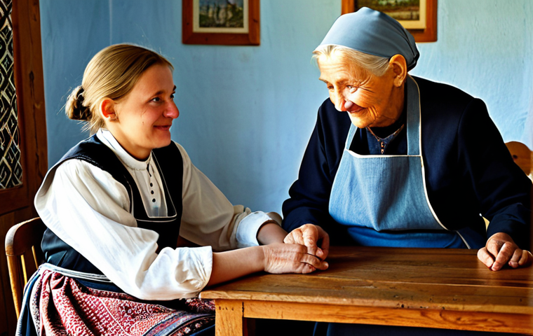 **Prompt:** An elderly Slovakian woman, with a warm and wise expression, sitting comfortably in a rustic, sunlit village home, engaged in a gentle conversation with a young adult. The woman wears a traditional, modest Slovakian folk blouse and an embroidered apron, fully clothed. The young adult is dressed in appropriate, modest contemporary attire. The background features authentic wooden furniture and traditional textiles, creating a cozy and inviting atmosphere. The scene captures the beauty of intergenerational oral tradition and cultural exchange. safe for work, appropriate content, fully clothed, professional, modest clothing, perfect anatomy, correct proportions, well-formed hands, proper finger count, natural body proportions, high-resolution, professional photography, soft ambient lighting.