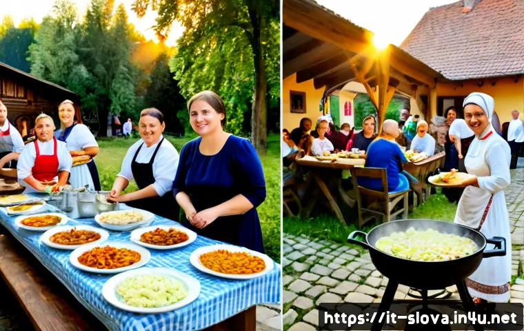 슬로바키아 vs 헝가리 문화 차이 - Photorealistic split-scene cultural comparison, left side a welcoming Slovak village gathering with ...